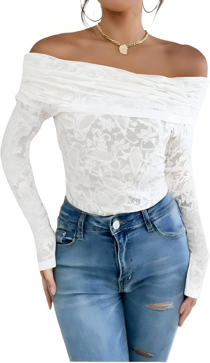 Women’s Off Shoulder Lace Ruched Tops Long Sleeve Slim Fit Blouses Shirts 2026 Going Out T-Shir... | Amazon (US)