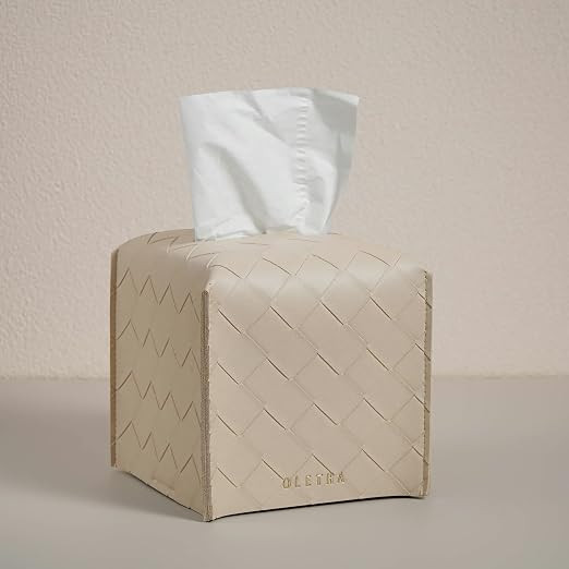 OLETHA Square Tissue Box Cover, Woven Embossing, Light Taupe | Faux leather tissue box holder for... | Amazon (US)