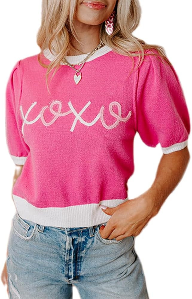 Women Puff Short Sleeve Sweater Casual Cropped Knit Shirts Cute Sparkle Holiday Graphic Print Pul... | Amazon (US)