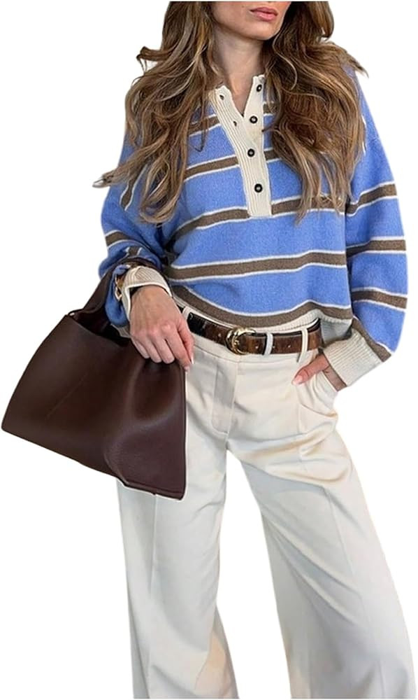 MakeMeChic Women's Striped Rugby Shirt Button Down Long Sleeve Preppy Sweater Knit Winter Pullove... | Amazon (US)