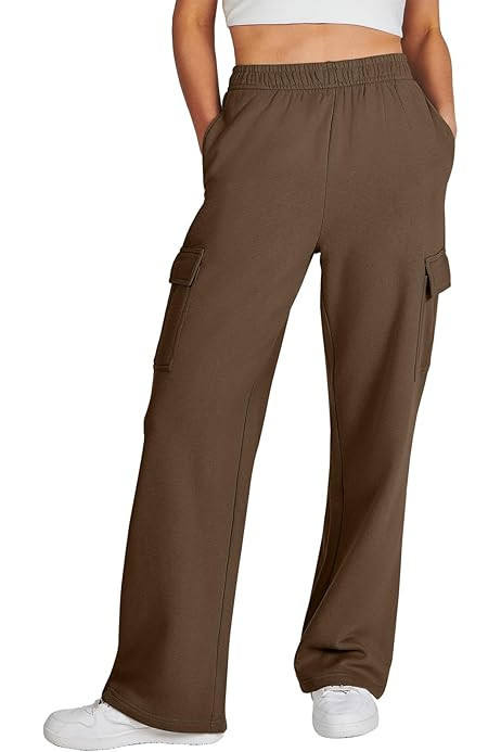 QINSEN Womens Medium Waist Baggy Elastic Waist Sweatpants Casual Fleece Long Pants with Pockets | Amazon (US)