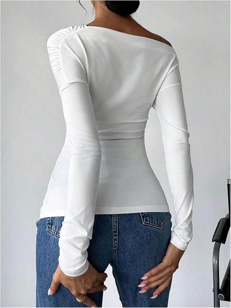 Milumia Women's Ruched One Shoulder Tops Cross Wrap Neck Long Sleeve Slim Tee Shirts | Amazon (US)