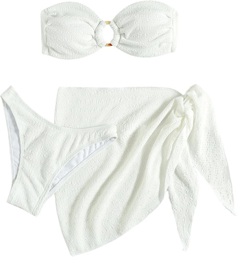 GORGLITTER Women's 3 Piece Swimsuit Strapless Bandeau High Cut Thong Ring Bikini Set with Cover U... | Amazon (US)