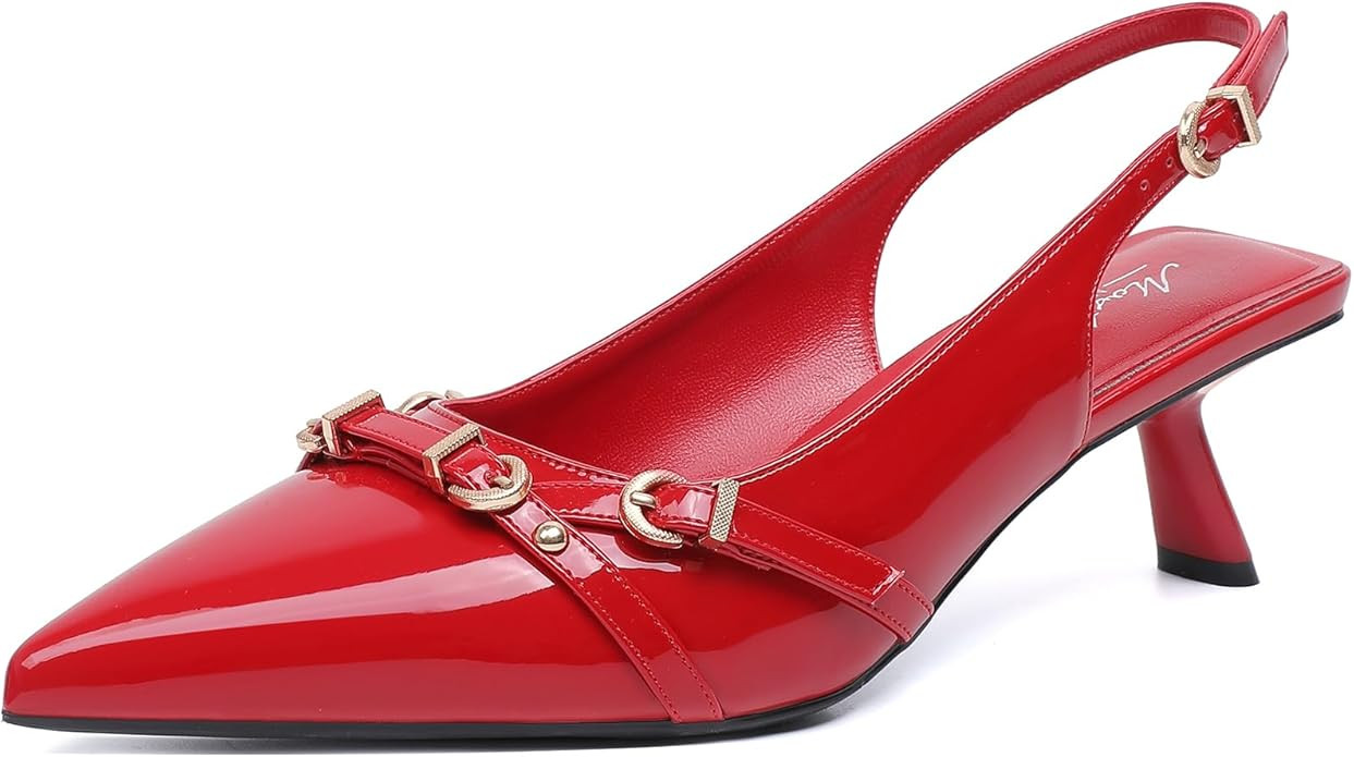 Mostrin Kitten Heels for Women Pointed Toe Pumps Patent Leather Low Heel Slingback Heels with Buc... | Amazon (US)