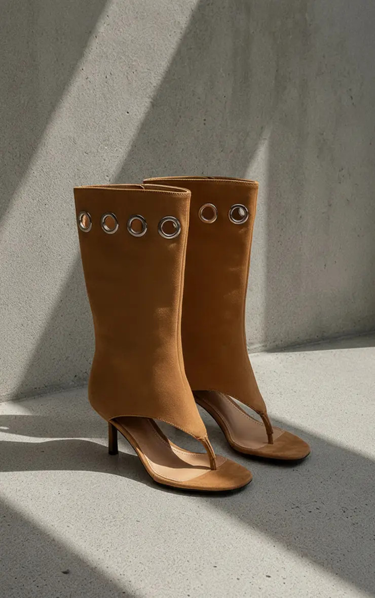 Camel Faux Suede Eyelet Toe Thong Heeled Boots | PrettyLittleThing UK