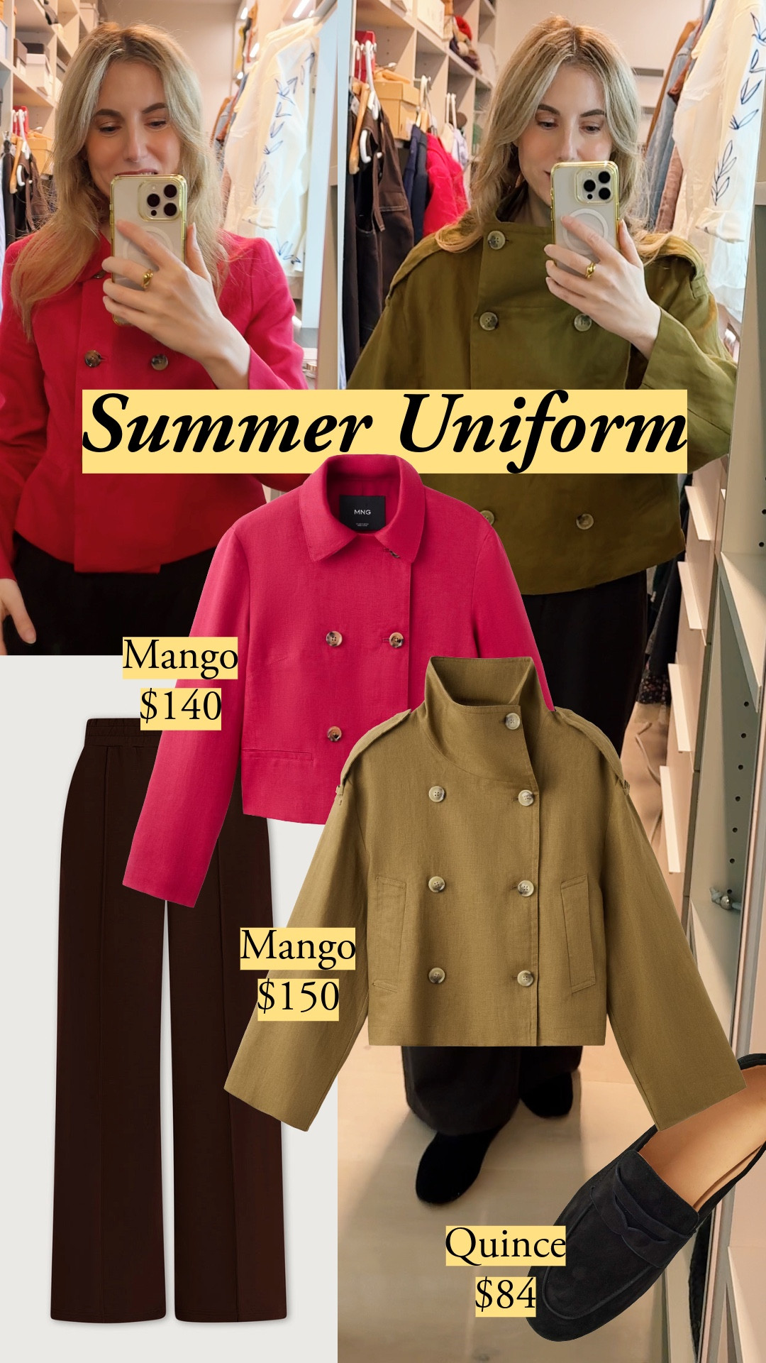 The summer uniform I look forward to wearing: a linen jackets as a top plus bitter brown wide-leg elevated track pants. The red Mango jacket is like a shrunken peacoat for summer. It's got structure, but it's not rigid. Great collar, too. The olive green funnel neck jacket is the cool move for summer. The funnel neck stays up, but it doesn't cut into your chin or neck. it's roomy enough for hot days, but it's got defined lines to look intentional and polished. In short, the cuts, the fabric, the finish all move like pieces that cost a lot more – and they come in just enough colors to build a whole season around one idea. My COS pants sold out, but the Varley ones give the same long, clean line. I love the earthiness of the linen contrasted with the fluidity of athleisure pants. 

linen jacket, double-breasted linen jacket, cropped linen jacket, Mango linen, summer uniform, wide leg pants, bitter brown pants, colorful linen jacket, summer outfit formula, elevated basics, spring summer outfit, workwear casual

#LTKootd