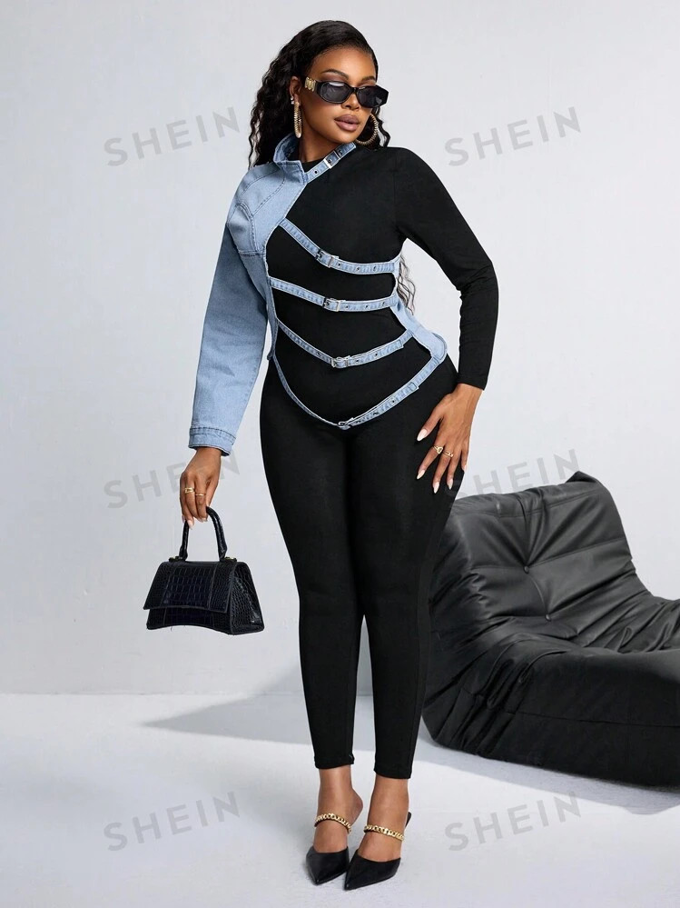SHEIN SXY Plus Size Women's Spring & Fall One Shoulder Long Sleeve Button Design Fashionable Deni... | SHEIN