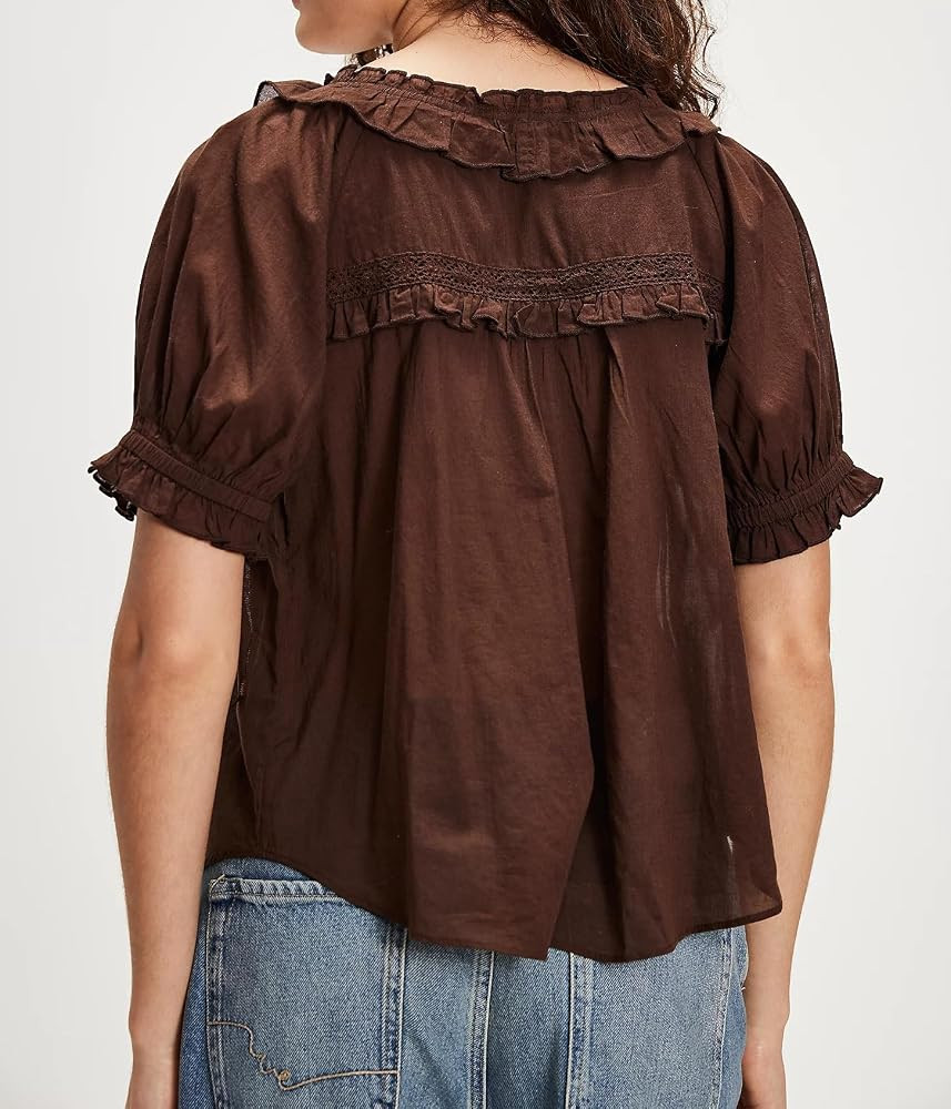 Amiblvowa Women's Lace Button Up Short Sleeve Semi Sheer Ruffle Blouse | Amazon (US)