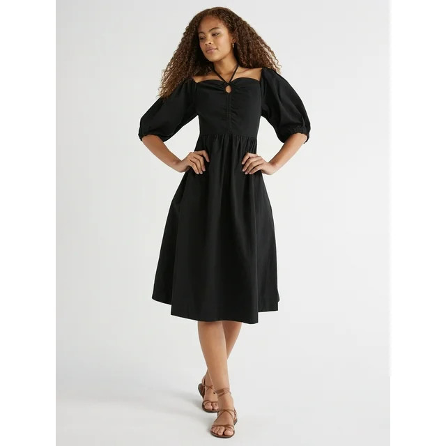 Free Assembly Women's Ruched Halter Dress with Puff Sleeves, Sizes XS-XXL - Walmart.com | Walmart (US)