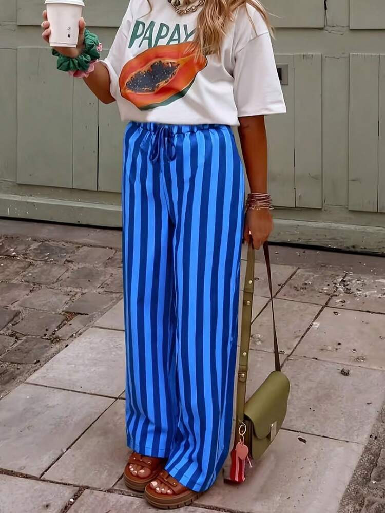 Women's Purple Striped Wide Leg Pants, Solid Color Woven Fabric Paper Bag Waist Wide Leg Pants, C... | SHEIN