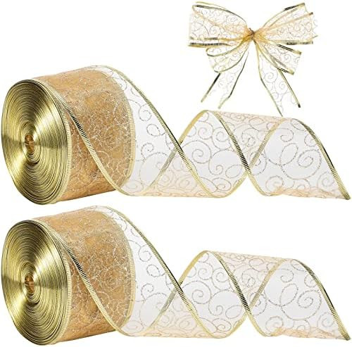 WILLBOND 80 Yards 2 Rolls Christmas Wired Ribbon Glitter Organza Wired Ribbon for Christmas Tree ... | Amazon (US)