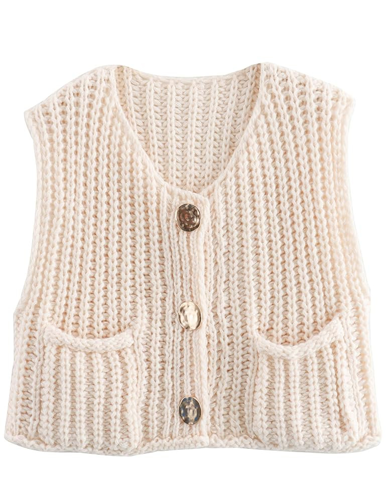 Womens Casual Chunky Knit Vest Gold Button Down Crop Crochet Sleeveless Sweater Vest | Amazon (US)