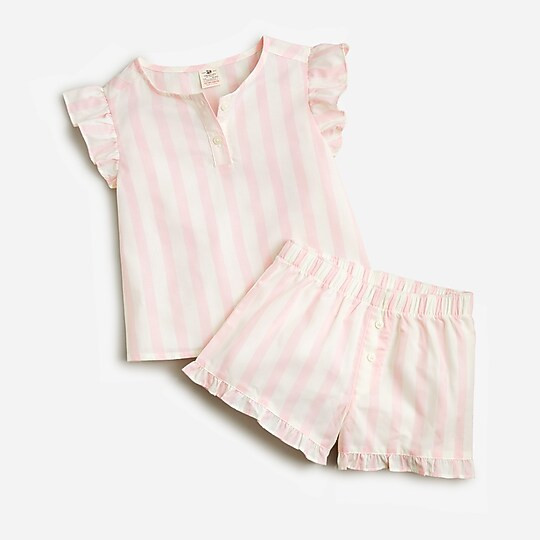 Girls' ruffle-trim cotton poplin sleep set in stripe | J. Crew US