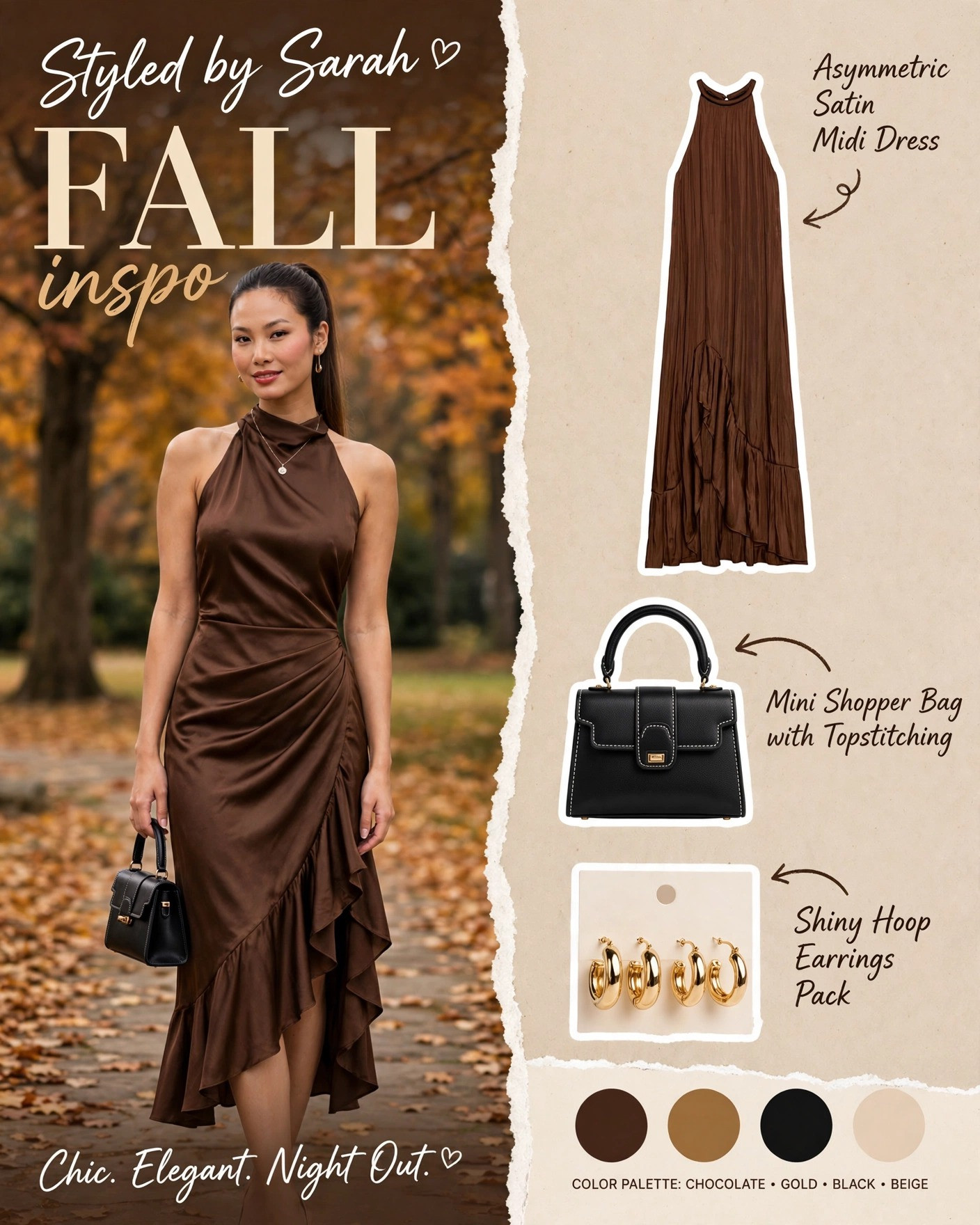 Elegant. Radiant. Night Out. 🍂 My Zara fall night-out look: asymmetric satin midi dress, mini shopper handbag & shiny hoop earrings — all linked below! 

 #StyledBySarah
