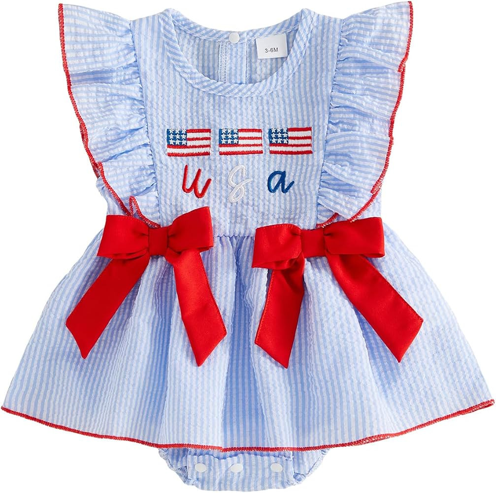 Ayalinggo Baby Girl 4th of July Outfits Newborn USA Bubble Smocked Romper Tutu Dress Ruffle Ameri... | Amazon (US)