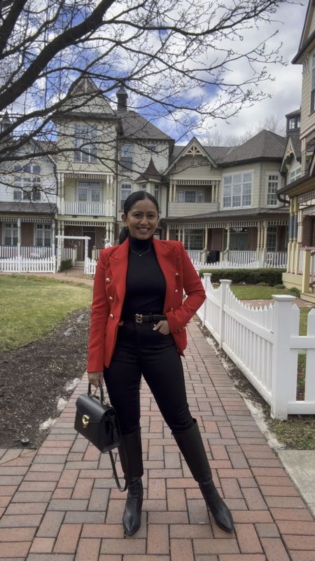 One foundation base. Look 4 - red wool blazer, black skinny jeans, turtleneck, knee-high boots, and top handle/crossbody bag. 

#LTKstyletip #LTKSeasonal #LTKworkwear