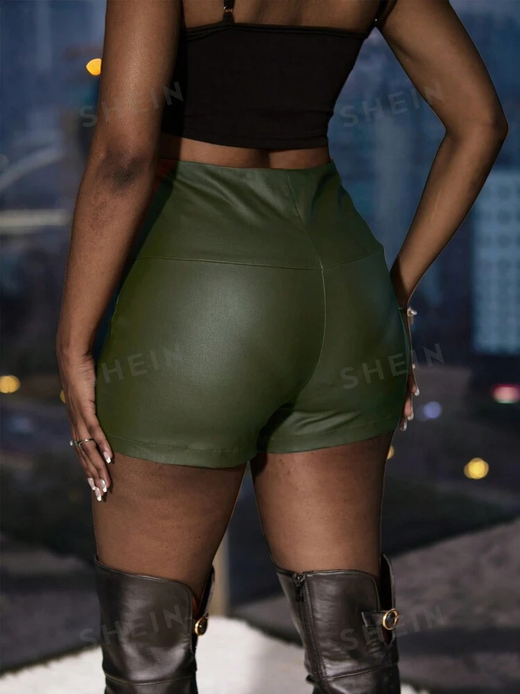 SHEIN Allurite Women's Metallic Studs Design Autumn/Winter Army Green Shorts, Asymmetric Flap, Ma... | SHEIN