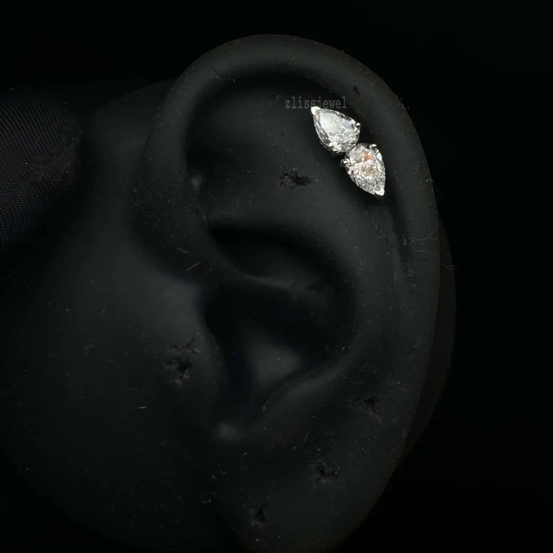 10K Solid Gold Pear Lab Grown Diamond Helix Stud Earring, Dainty Cartilage Piercing Jewelry, Sing... | Etsy (US)
