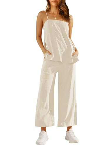 Imily Bela Womens 2 Piece Outfits Linen Set Camisole Tops and Wide Leg Pants Vacation Matching Loungewear, Beige, Medium | Amazon (US)