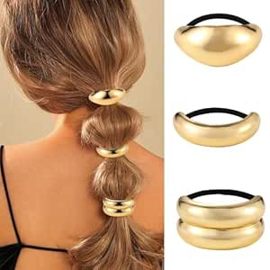 Papasgix 3 Metal Hair Ties, Ponytail Cuffs - Gold & Silver Hair Accessories for Women (Gold Set 0... | Amazon (US)