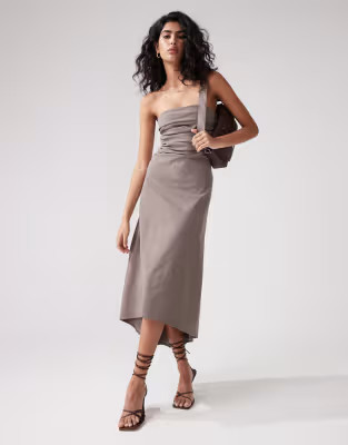 ASOS DESIGN bengaline bandeau knee length dress in taupe | ASOS (Global)