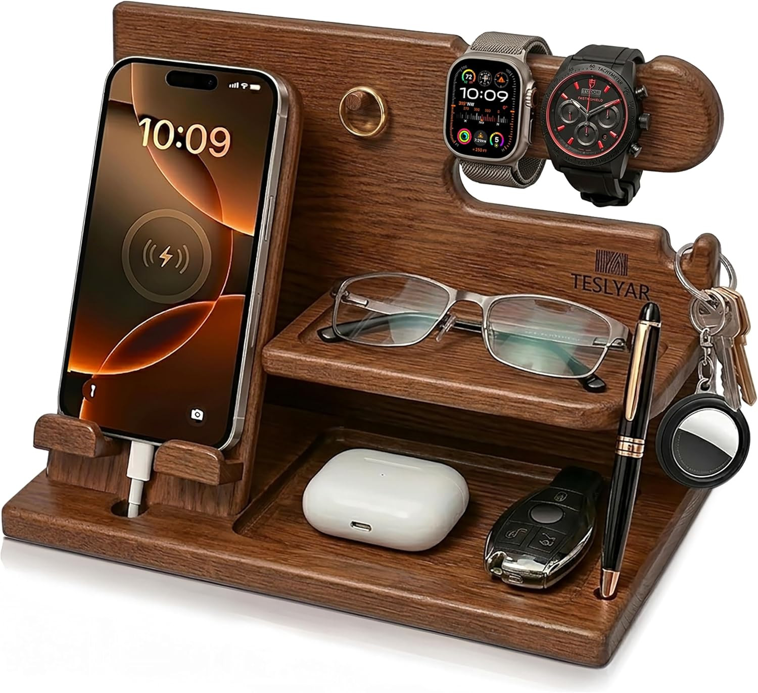 TESLYAR Wood Phone Docking Station for Men - Desk or Nightstand Organizer - Birthday Gifts for Hu... | Amazon (US)