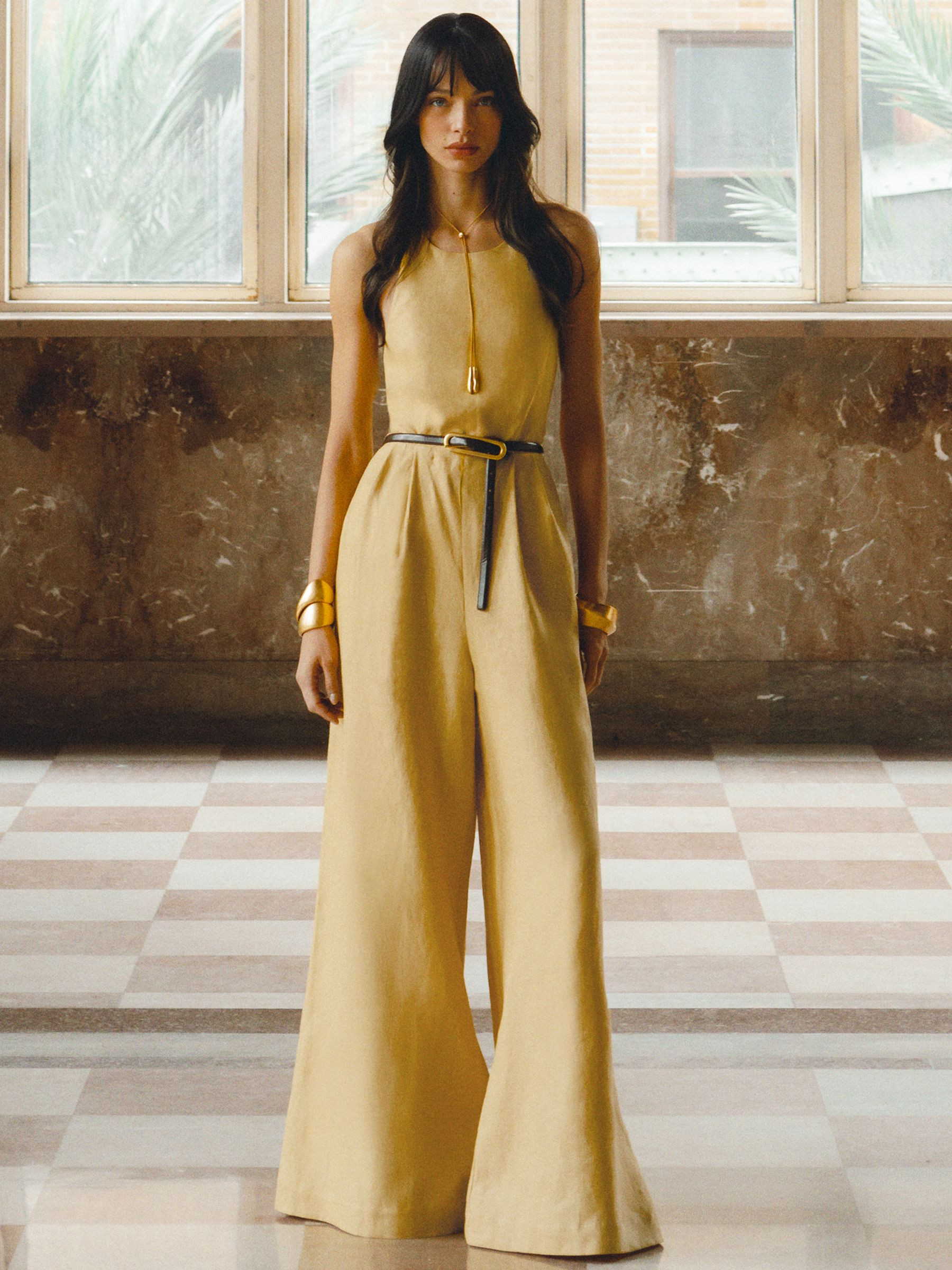 Linen Open-Back Wide-Leg Jumpsuit in Yellow | Reiss UK