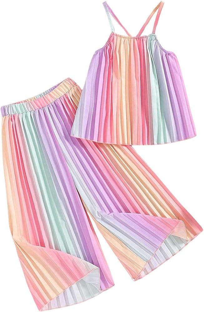 Girl's 2 Piece Boho Outfits Pleated Spaghetti Strap Camisoles and Elastic Waist Wide Leg Pants | Amazon (US)
