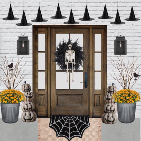 Halloween Porch Decor | Spooky Porch Decor | Halloween doormat | skeleton | spooky wreath | black wreath | Halloween wreath | pumpkins | witch hats | hanging witch hats | spooky branches | crow 

#LTKSeasonal #LTKhome #LTKunder50
