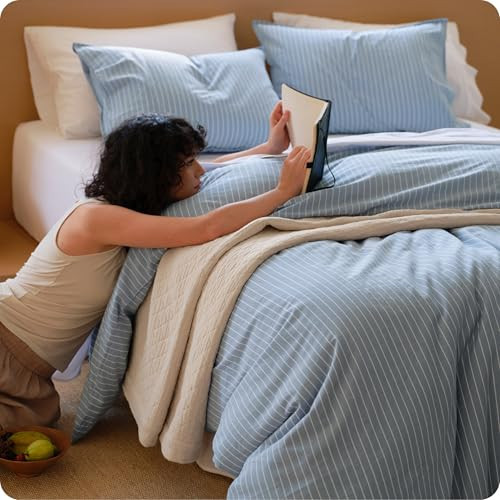 Bedsure Striped Duvet Cover Queen, 100% Washed Cotton Duvet Cover Linen‑Like, PureWoven with Reversible Yarn‑Dyed Design & Double‑Stitch Craft, 3-Piece with Zipper, Stripes Cornflower Blue, 90"x90" | Amazon (US)