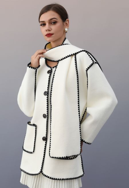 Contrast Whipstitch-Trimmed Buttoned Knit Coat with Scarf in Ivory | Chicwish