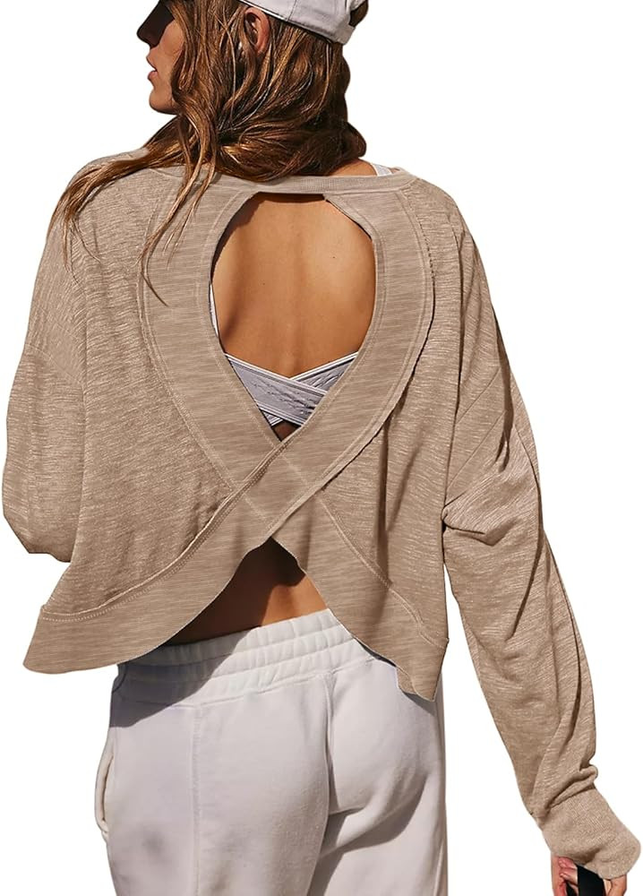 LASLULU Womens Open Back Long Sleeve Workout Tops Athletic Shirts Boat Neck Casual Running Tee Y2... | Amazon (US)