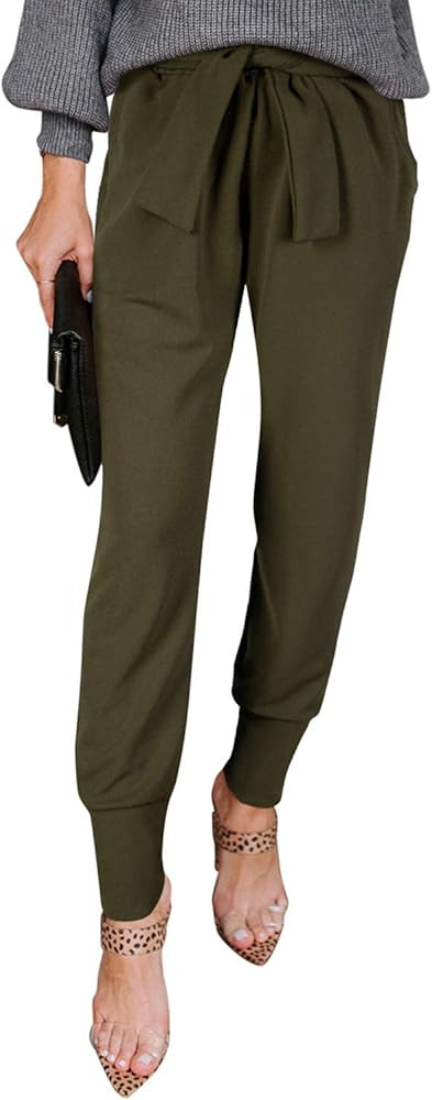 NIMIN Women's Casual Pants High Waist Self Tie Pants Solid Color Bottoms Skinny Pants with Pocket... | Amazon (US)