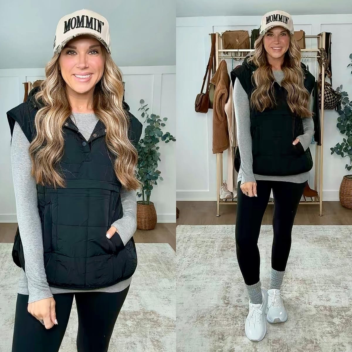 Layering up for chilly days with this cozy  pullover puffer vest and my favorite cashmere/modal blend basic top! I am 5’6 139lbs size small leggings, small cashmere long sleeve top, small vest. Shoes run true to size and are a perfect look for less sneaker 

 #LTKootd #LTKmomlife #LTKFindsUnder100