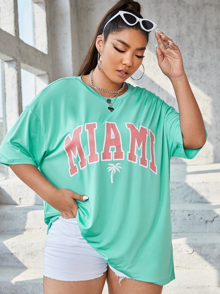 Plus Palm Tree & Letter Graphic Drop Shoulder Tee | SHEIN