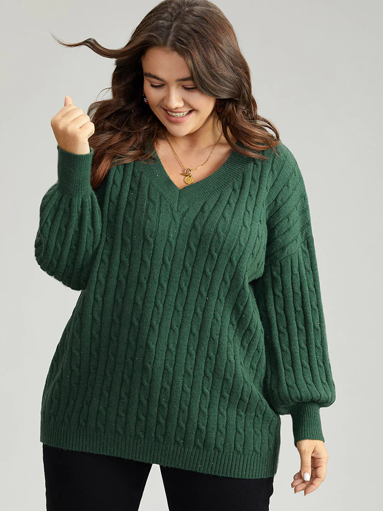 Lurex Cable Knit Plain V Neck Pullover | Bloomchic