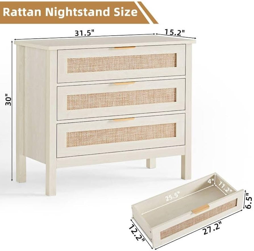 LEYAOYAO 31.5" Wide Rattan Nightstand, Large Boho 3 Drawer Night Stand, Grey White Bedside Table ... | Amazon (US)