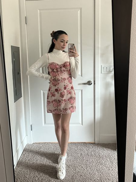 Happy Valentine’s Day ♡ my dress is out of stock :( but I added some similar dresses that are super cute and perfect for spring or a date night! Decided to kinda go casual with this look by adding a turtle neck (to keep me warm tbh lol) and my white hi tops! 💖