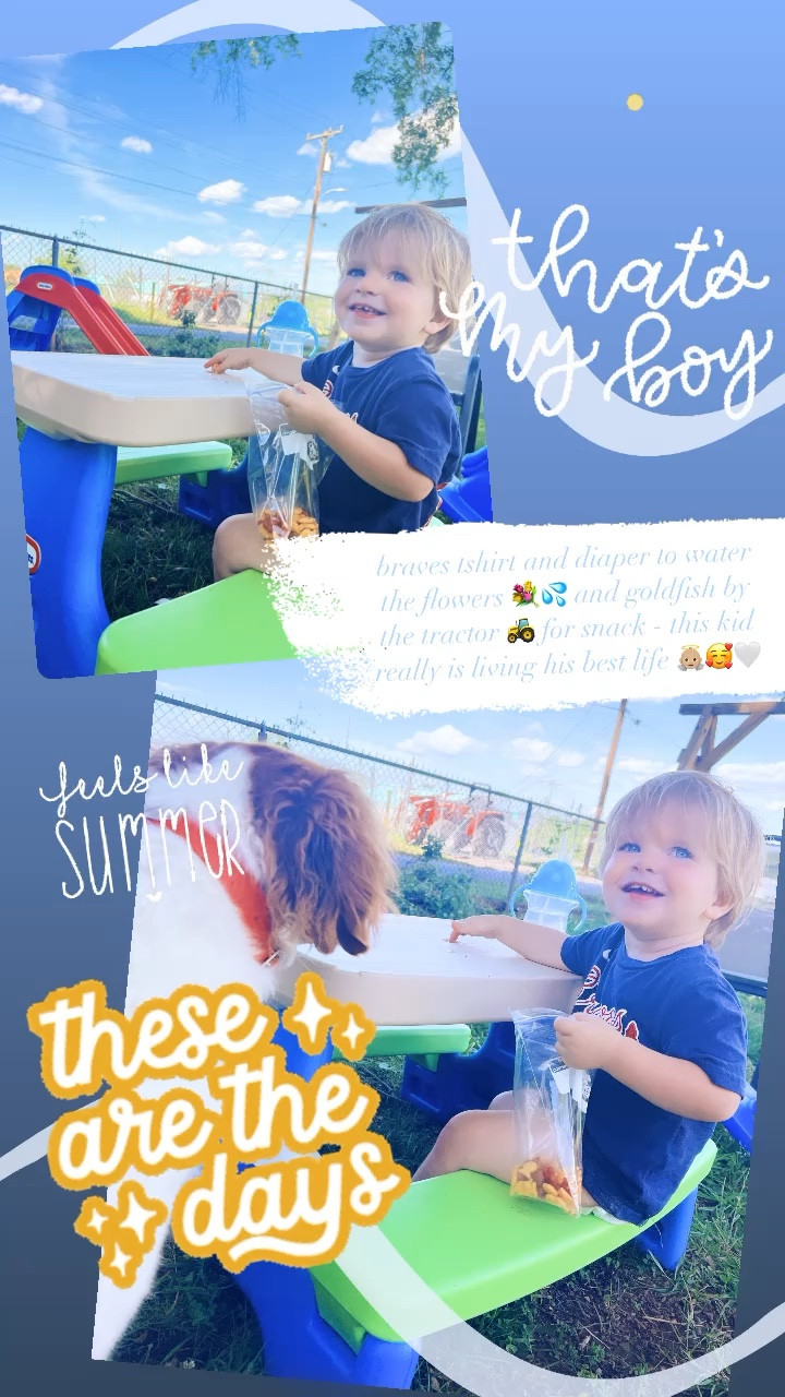 braves tshirt and diaper to water the flowers 💐💦 and goldfish by the tractor 🚜 for snack - this kid really is living his best life 👼🏼🥰🤍