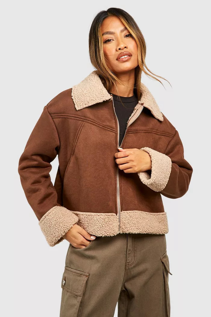 Suedette Borg Trim Aviator Jacket | Boohoo.com (UK & IE)