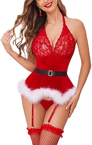 Avidlove Christmas Lingerie Sets Women Garter Bustier Set Santa Babydoll Bodysuits Lace Chemise (... | Amazon (US)