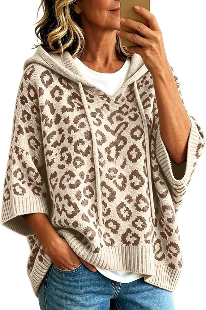 Women Leopard Print Hooded Knit Sweater V Neck Loose Fit 3/4 Sleeve Sweater | Amazon (US)