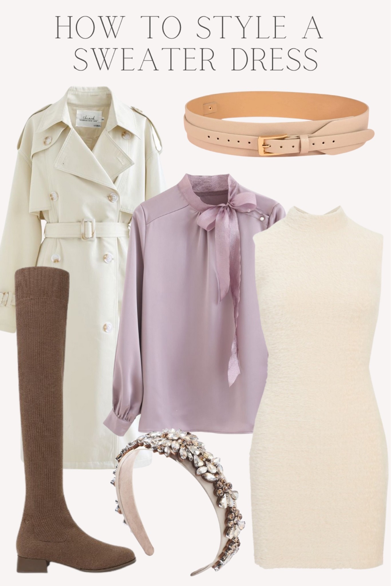 Parisian stying of a sweater dress. 
Cozy chic autumn or fall outfit inspiration. 
Dress, blouse, trench coat, long boots

#LTKSeasonal #LTKunder100 #LTKstyletip