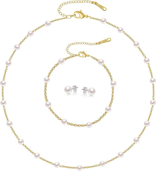 KesaPlan Pearl Necklace Set,14K Gold Plated Adjustable Pearl Choker Necklace and Pearl Bracelet P... | Amazon (US)