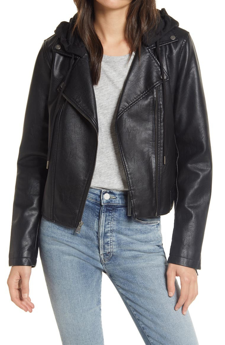 Fleece Hood Faux Leather Moto Jacket | Nordstrom