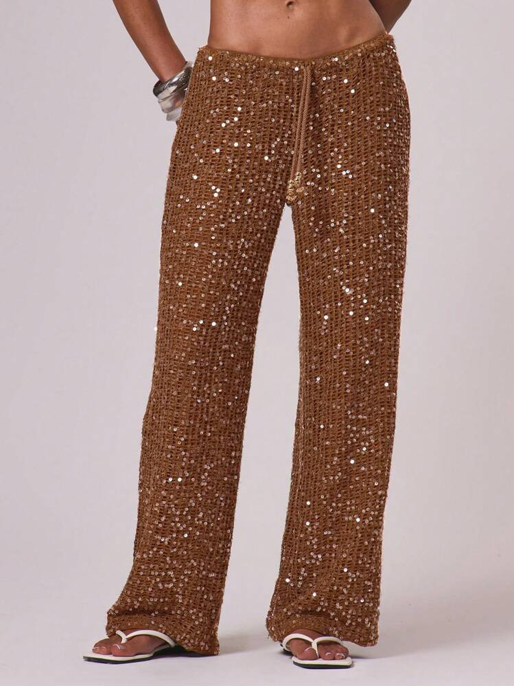 Musera Resort Pantalones Anchos De Playa Con Cintura Con Cordón, Estilo Relajado Con Lentejuelas, Para Cubrir El Traje De Baño, Elegante Ropa De Playa Bohemia, Ideal Para Vacaciones, Verano, Primavera, Festivales | SHEIN