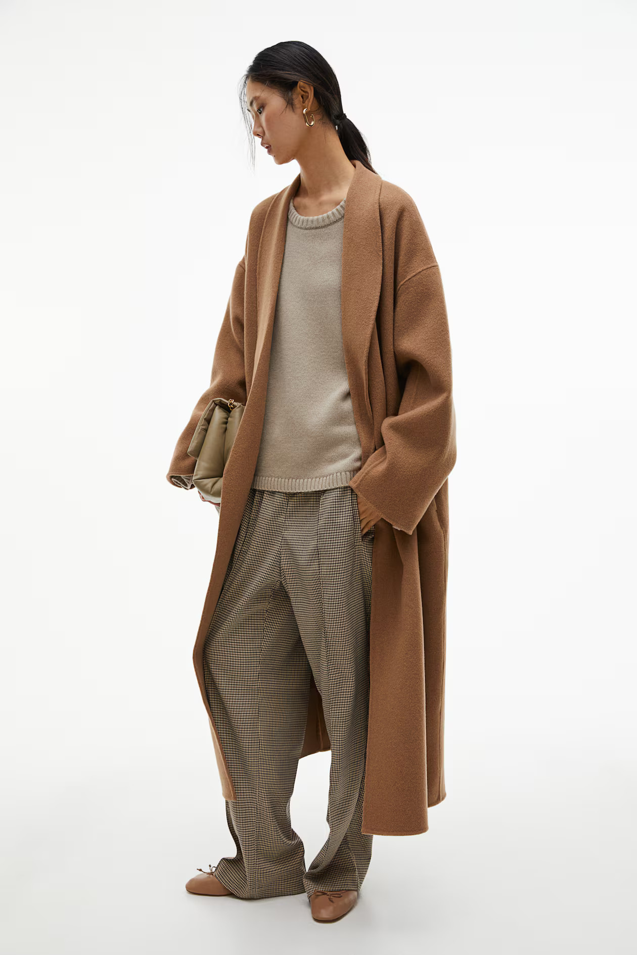 Hose mit geradem Bein und Bügelfalten - Hoher Bund - Lang - Hellbraun/Hahnentrittmuster - Ladies... | H&M (DE, AT, CH, NL, FI)