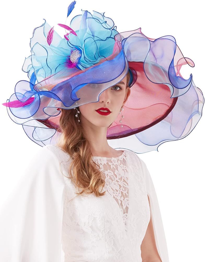 Z&X Women Organza Church Derby Hat Wide Brim Sun Hats for Wedding Tea Party Fascinator Hat, Dual-... | Amazon (US)