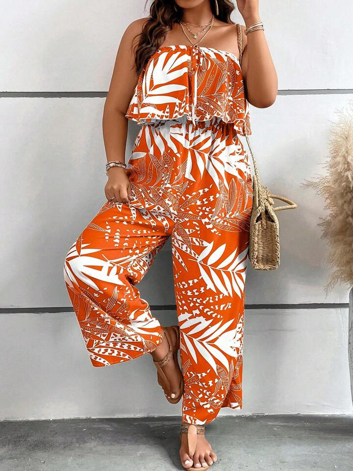 SHEIN VCAY Plus Tropical Print Ruffle Trim Tube Jumpsuit | SHEIN