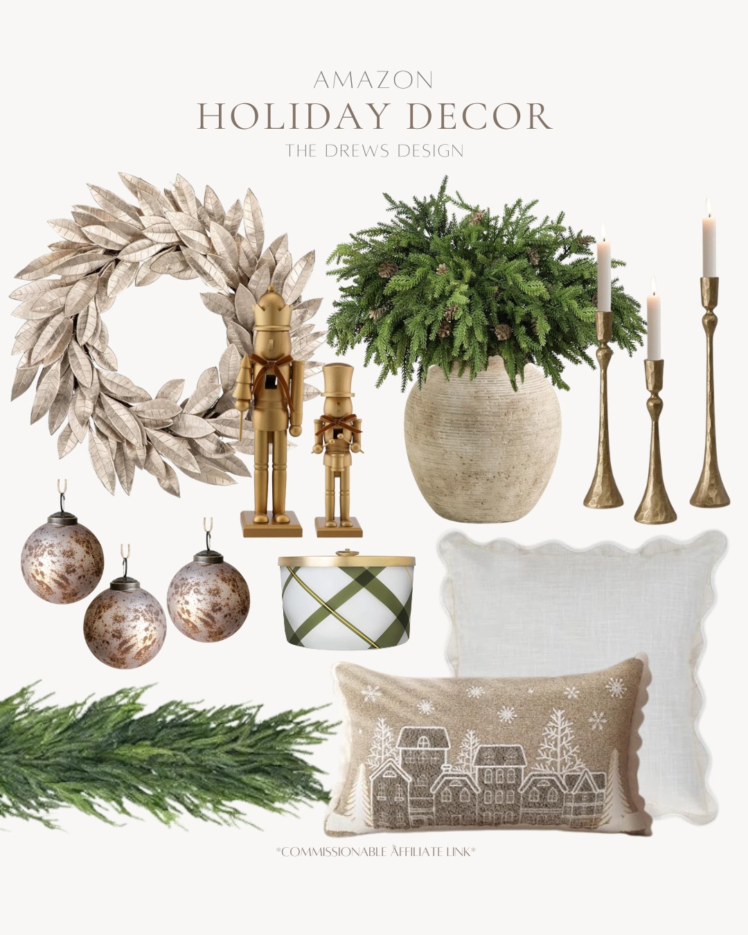 Amazon holiday decor includes vase, greenery stems, candle stick holders, nutcrackers, wreath, mercury glass ornaments, garland, throw pillows, and candles.

Holiday decor, Christmas decor, neutral Christmas decor

#LTKHoliday #LTKSeasonal #LTKHome